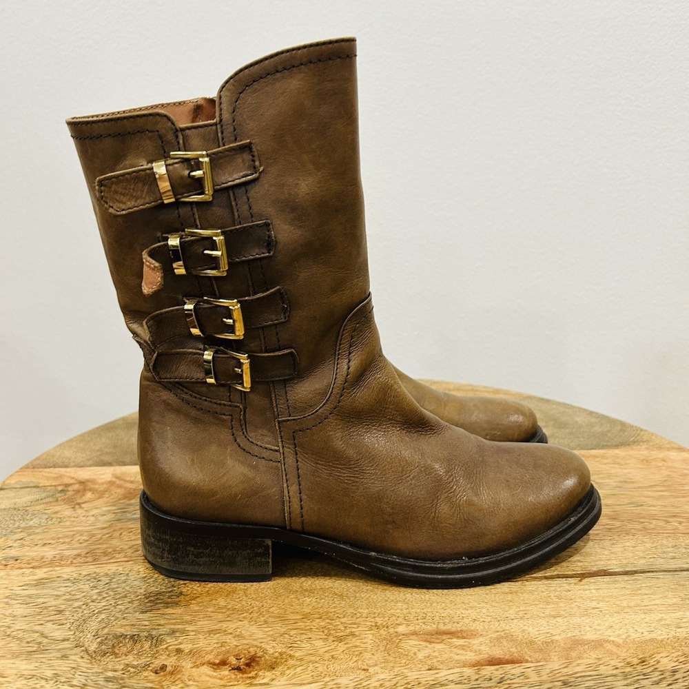 Napoleoni Multi Ankle Strap Engineer Moto Biker Boots Brown Women's 37 US 7